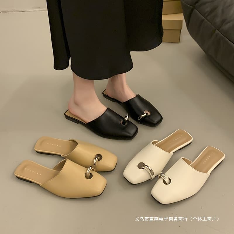 Korean-style trendy square toe low heel ring decorated mules closed toe slippers internet celebrity versatile stylish slippers new arrival