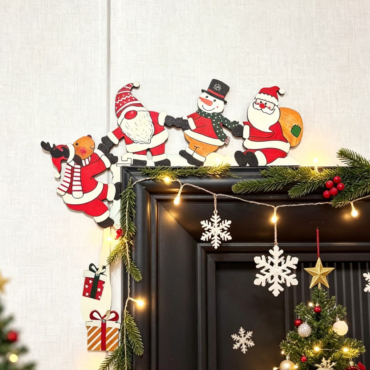 Christmas No-Drill Door Frame Decorative Wooden L-Shaped Corner Clip, Reindeer Home Bedroom Door Sticker
