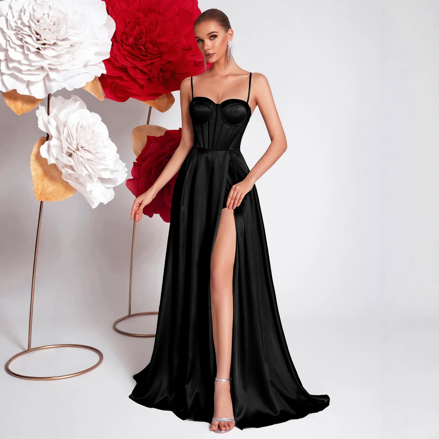 European and American Cross-Border Satin Strapless Halter Evening Dress High Slit Slim Fishtail Long Banquet Party Gown