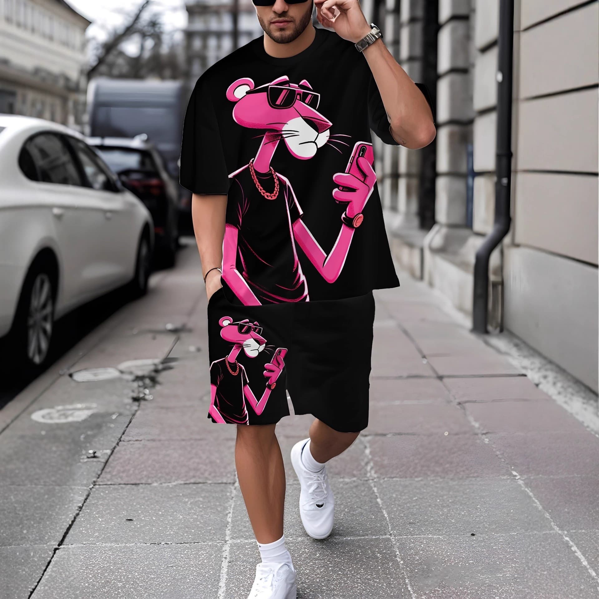 2025 Foreign Trade Amazon Starry Sky 3D Digital Printing Black and White Ice Flower Beach Pants Men's Casual Sports Shorts Set