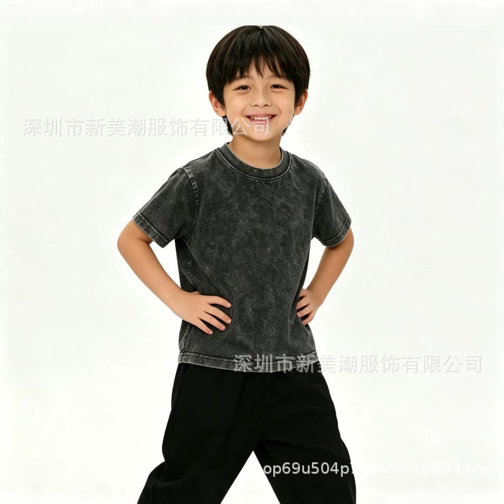 Retro washed distressed children's blank short-sleeved medium and large children's loose round neck pure cotton group custom logo