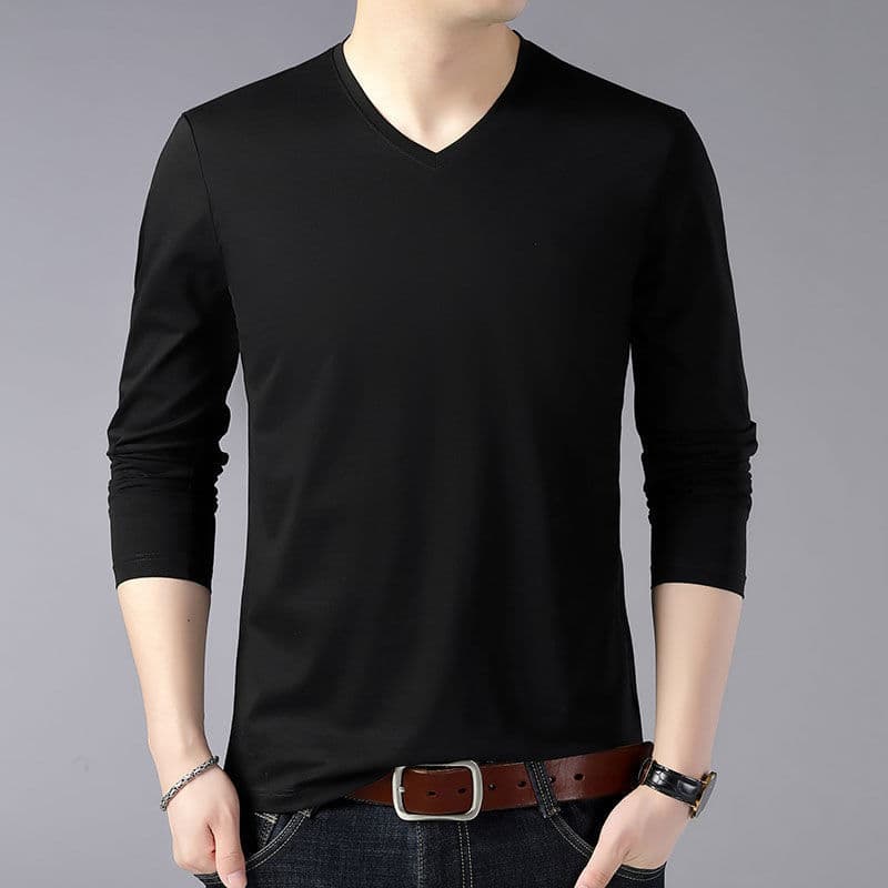 Men's Heart-Neck Long-Sleeve T-Shirt, Plus Size, New Spring and Autumn Trendy Thin V-Neck Base Shirt Wholesale