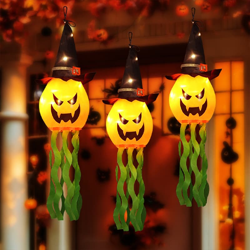 Halloween Glowing Witch Hat Pumpkin LED Light Hanging Decoration, Ghost Festival Horror Atmosphere Outdoor Decorative Ornament