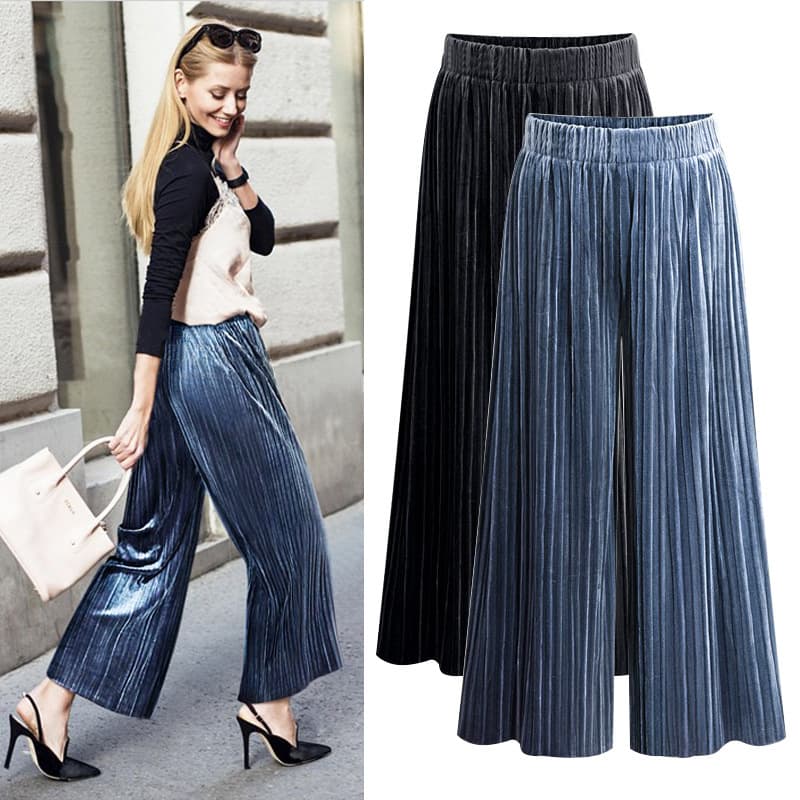High-Waist Wide-Leg Pants for Women, Ankle-Length Velvet Casual Pants, Pleated Silk-Like Loose Pants, Plus Size Slimming Autumn Pants