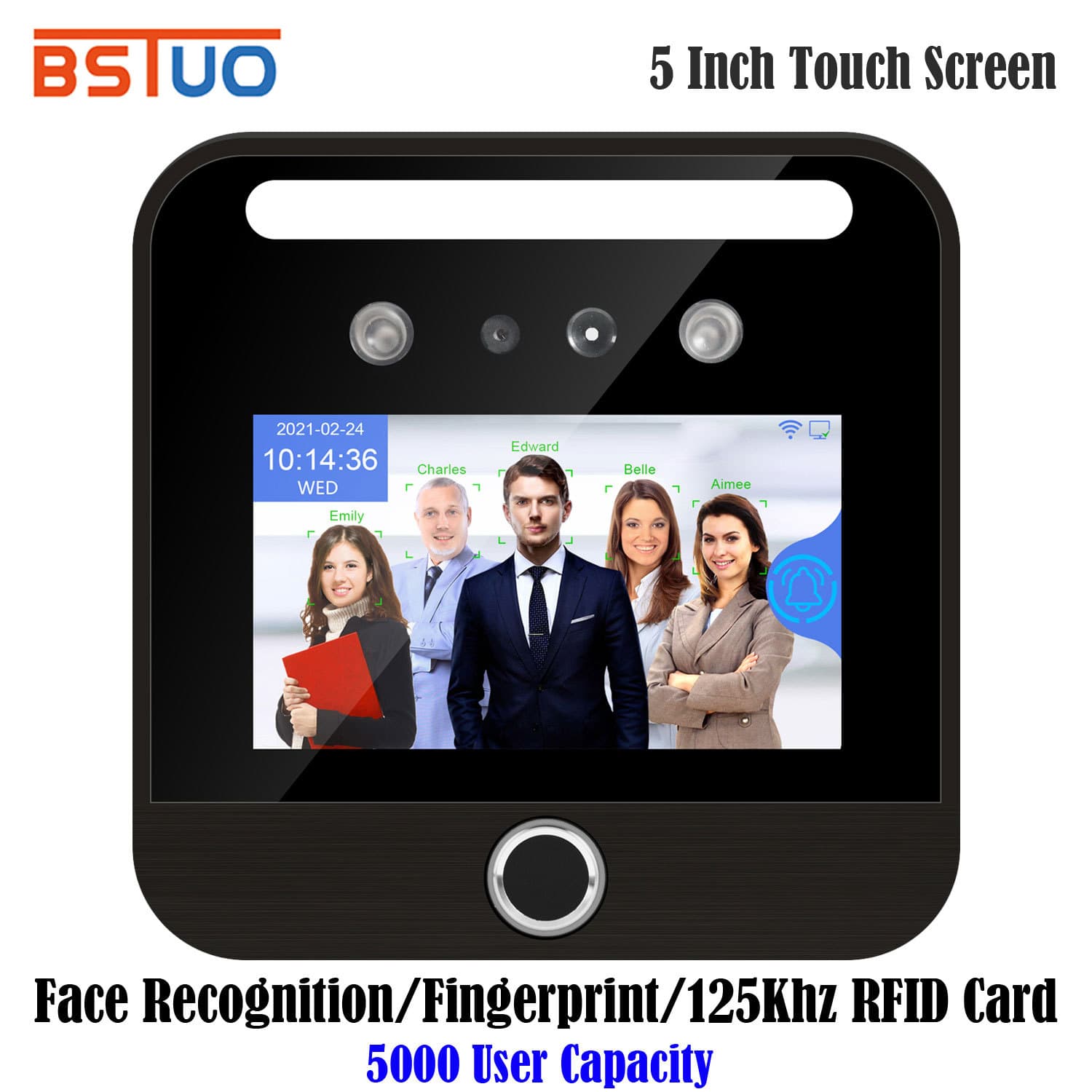 5-inch Touchscreen Dynamic Face Recognition Clock-in Machine with Fingerprint and Card Swiping Attendance Access Control All-in-One