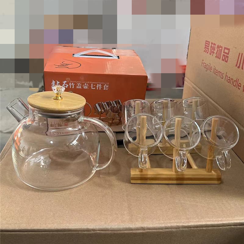 Household Diamond Bamboo Lid Pot 7-Piece Set, Transparent Color Glass Tea Set, Amber High Borosilicate Bamboo Lid Kettle