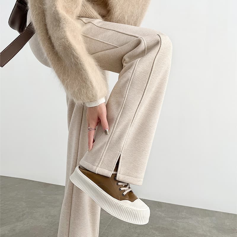 New autumn and winter 2025 herringbone pattern plus velvet wide-leg pants for women, woolen slit pants, straight-leg wool narrow version banana pants