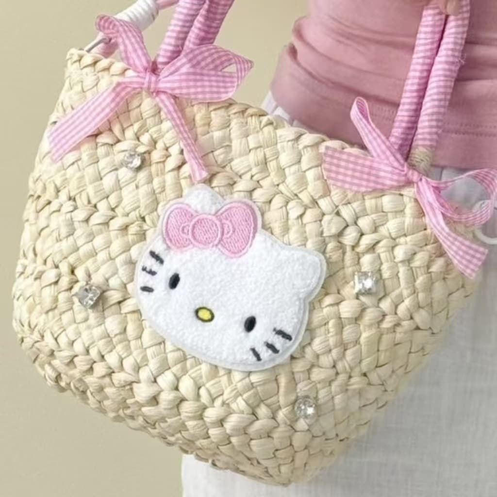 KT Cat Sweet Straw Woven Handbag, Cute Knitted Bag, Versatile Summer Beach Vacation Shoulder Bag, Crossbody & Handheld Bag