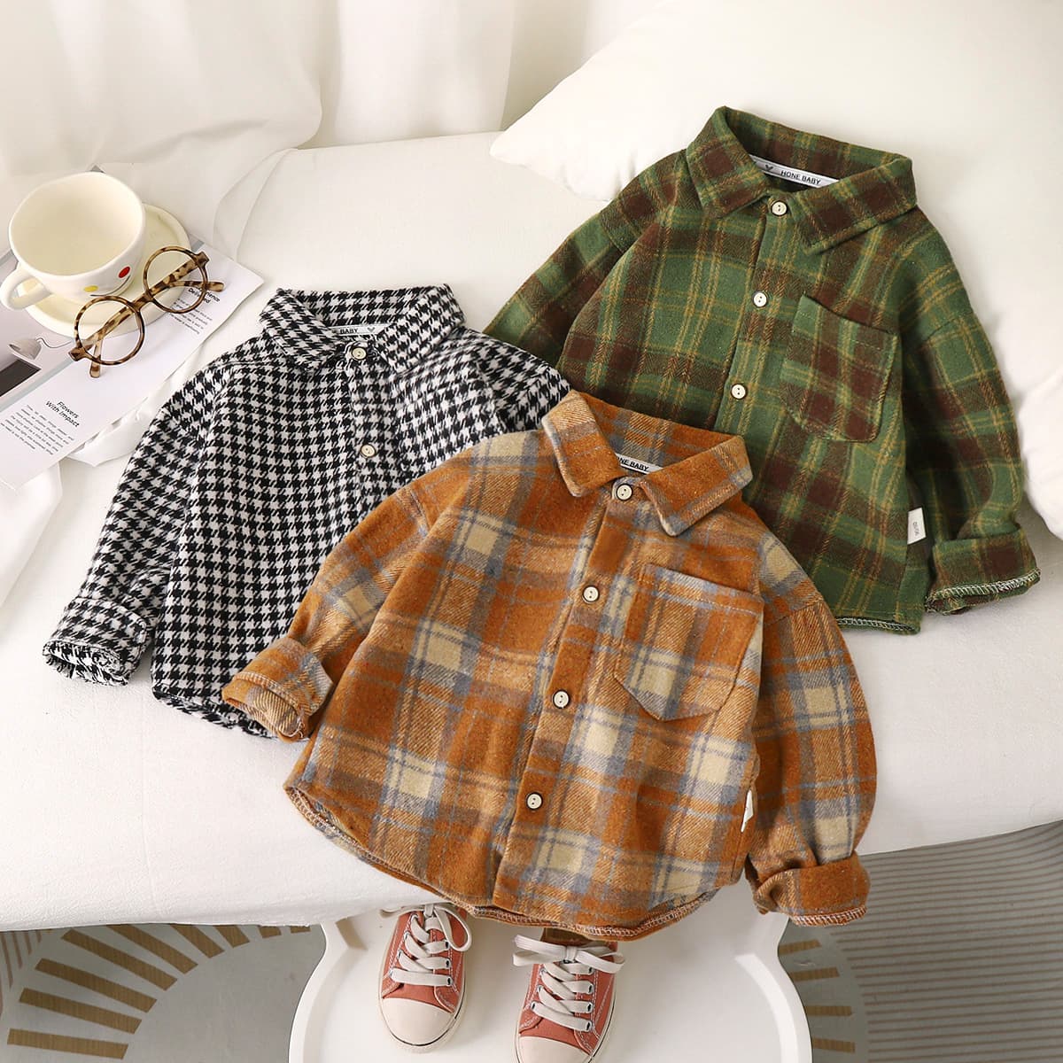 Autumn Children's Casual Plaid Shirt, Boys' Shirt, Girls' Top, Long Sleeve Outer Garment for Toddlers and Older Kids