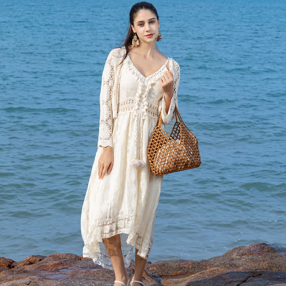 Large Capacity Handwoven Beaded Shoulder Bag Casual Travel Leisure Women's Handbag Wooden Handle Basket Style Crossbody Bag
