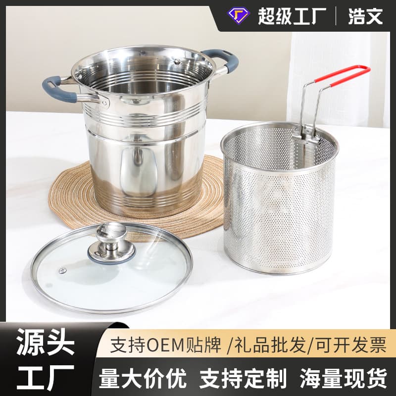 Stainless Steel Frying Pot with Filter Mesh Deepened Large Capacity Snack Pot Catering Multi-Function Steaming Pot with Handle Multi-Use