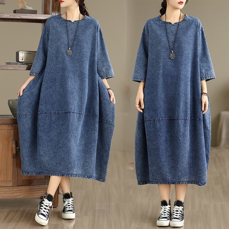 Retro sleeve denim dress early spring new style literary large size loose women's casual slimming long skirt