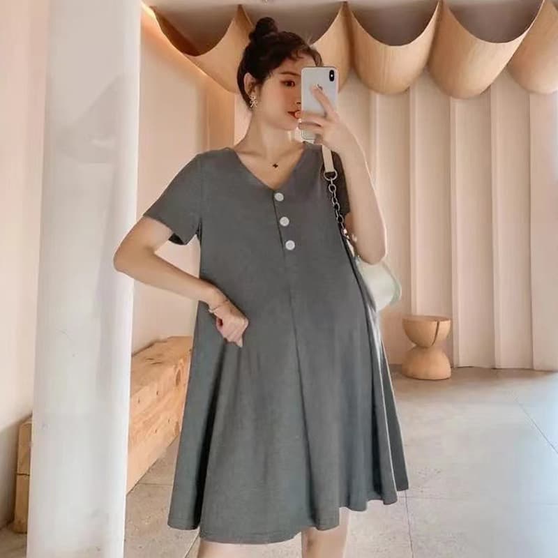 Maternity Summer Dress Fashionable Two-Color Mid-Length Dress for Petite and Plus-Size Moms Conceals Belly Not Showing