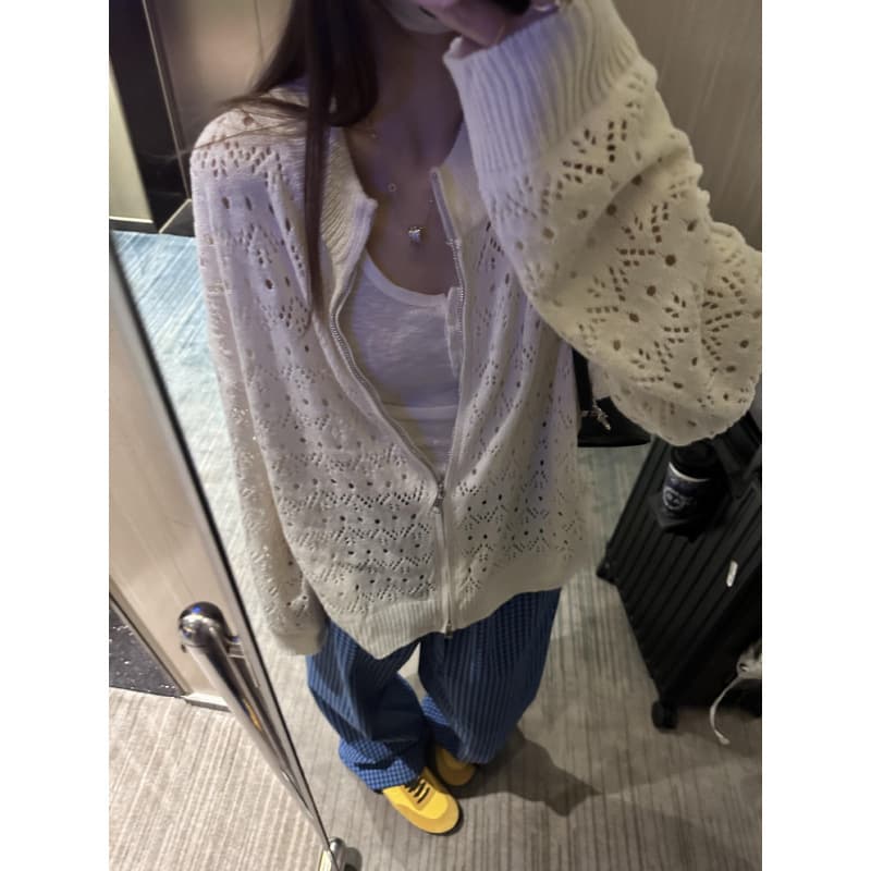 YS Spring/Summer Design Hollow Crochet Double Zipper Cardigan Loose Slimming White Knit Jacket for Women