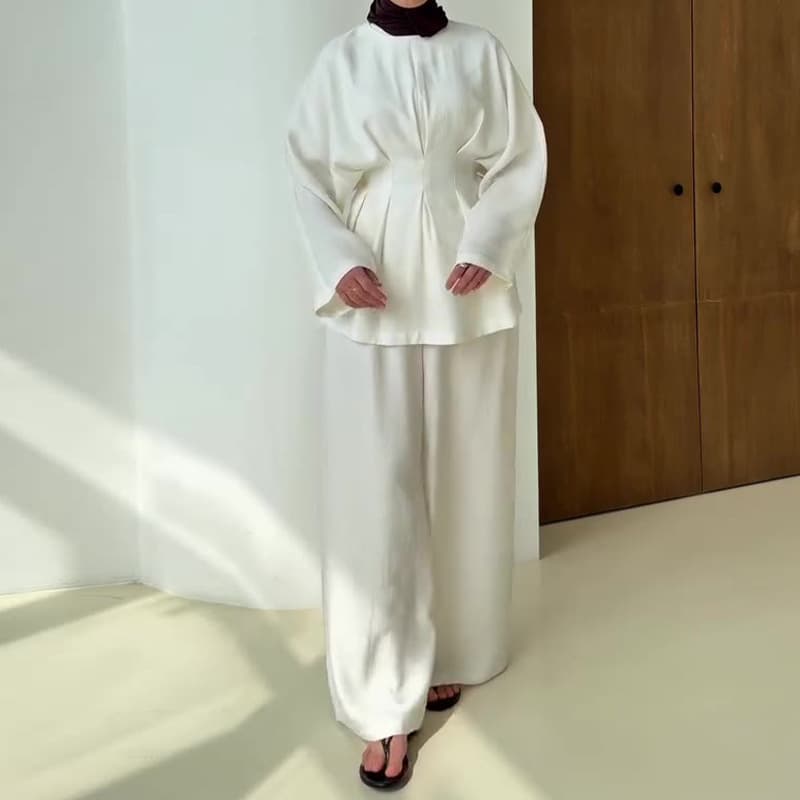 2026 European and American Amazon cross-border pure white foreign trade waist-cinching long-sleeved new women's wide-leg pants simple suit