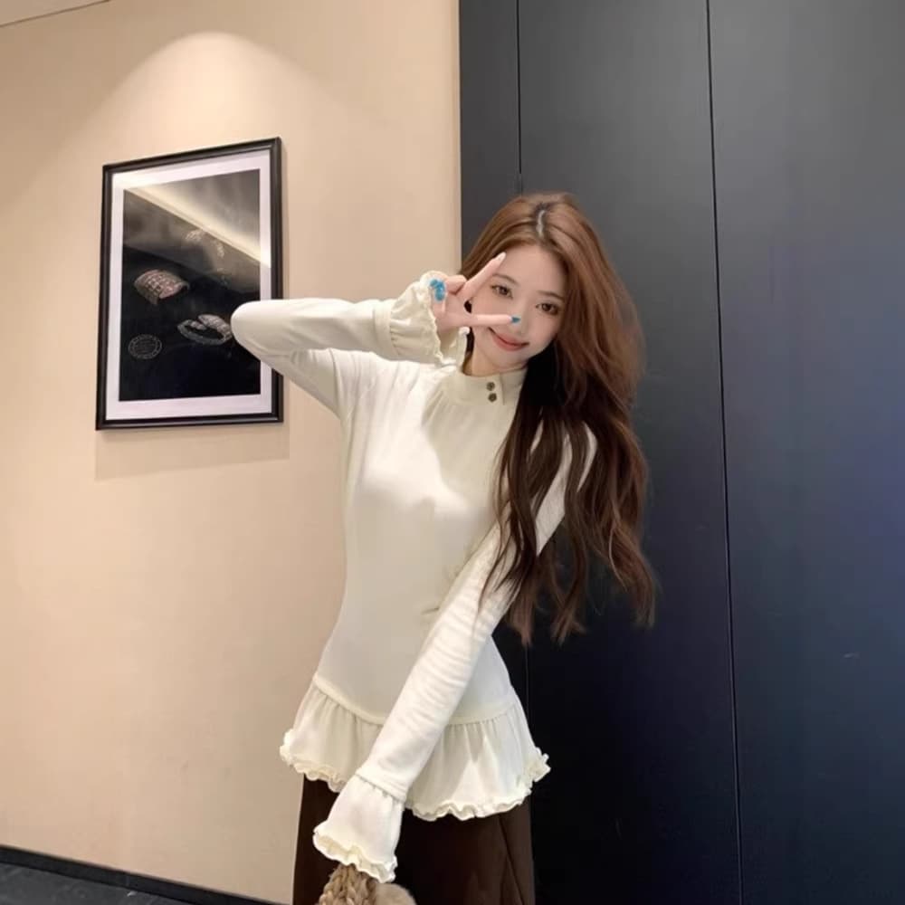 Korean-style Ballet Button Half High Neck Long Sleeve T-shirt for Women Autumn Winter Slim Lace Trim Thermal Base Layer Top