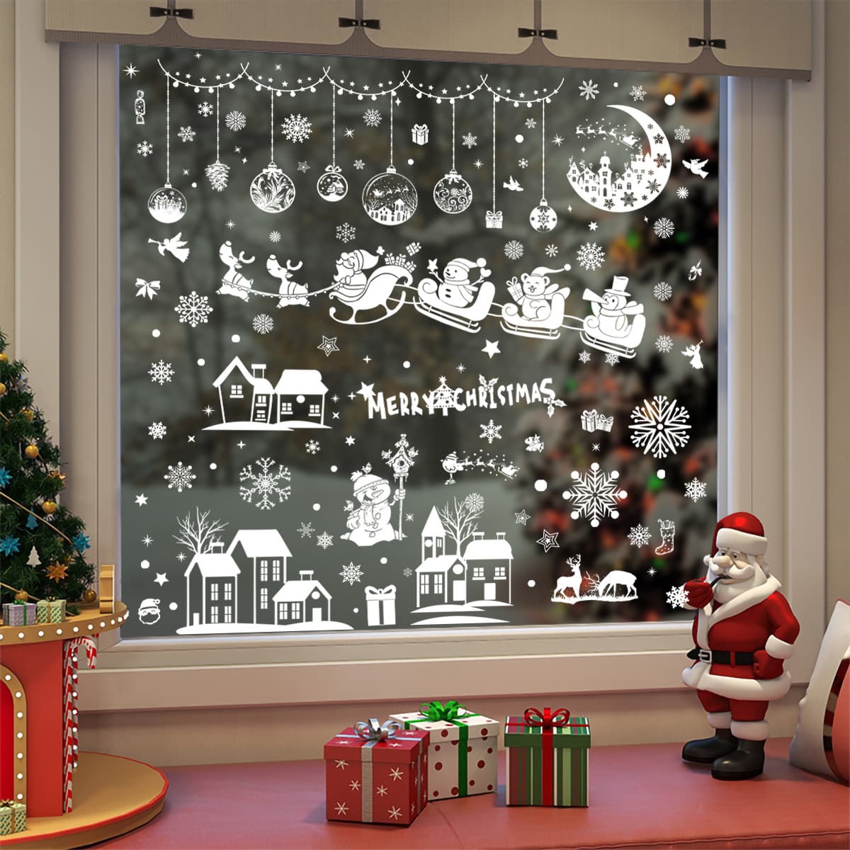 Cross-border Christmas Santa Claus Reindeer Snowman Moon Snow House Hanging Ornaments, Christmas Decorative Glass Window Stickers