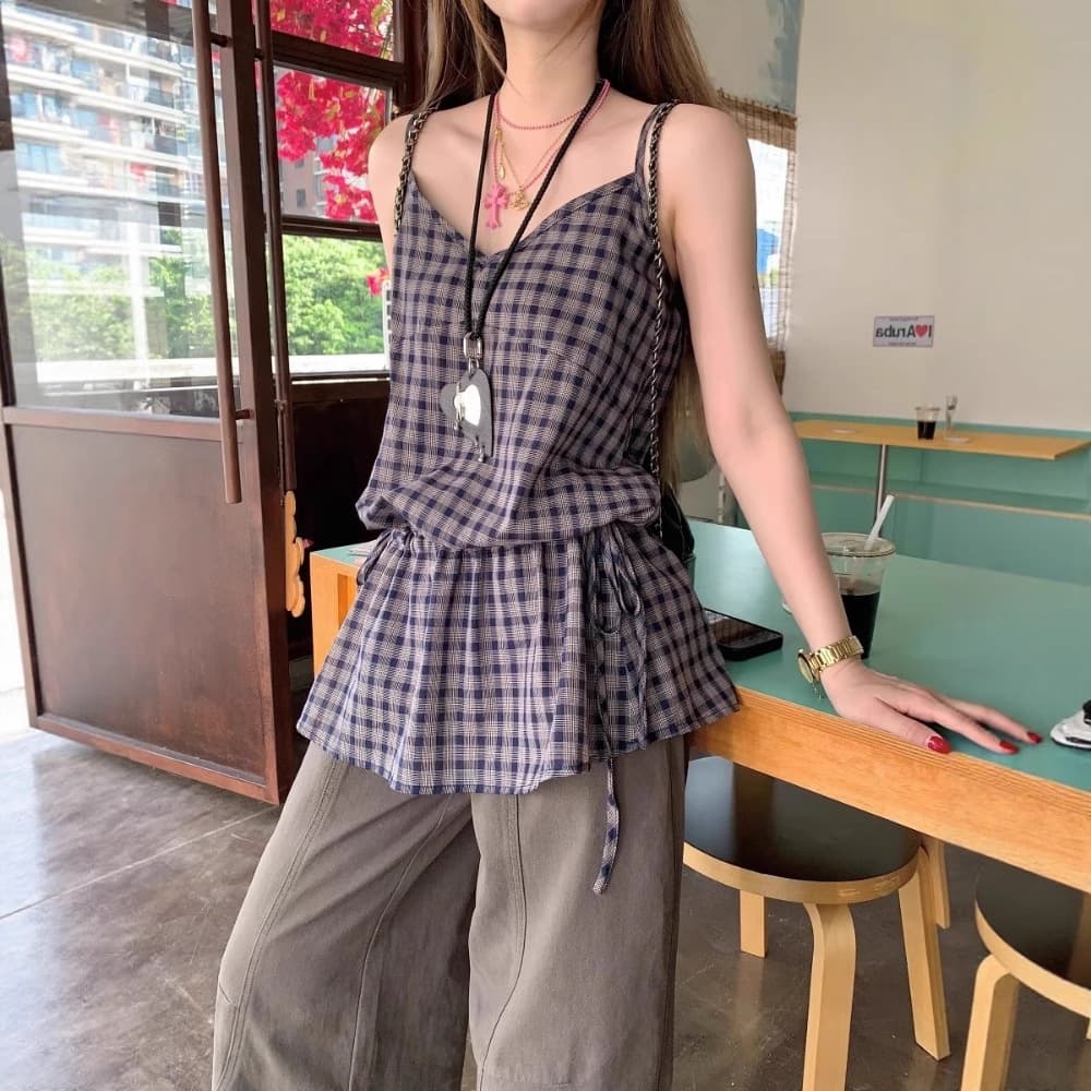 Korean style V-neck plaid tie-waist suspender vest dress for women, summer outerwear, long color-blocked slim fit Miu style top