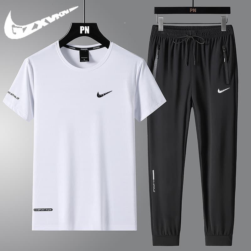 Summer Ice Silk Men's Two-Piece Set, Trendy Thin Short Sleeve T-Shirt Sportswear, Quick-Dry Breathable Full Set