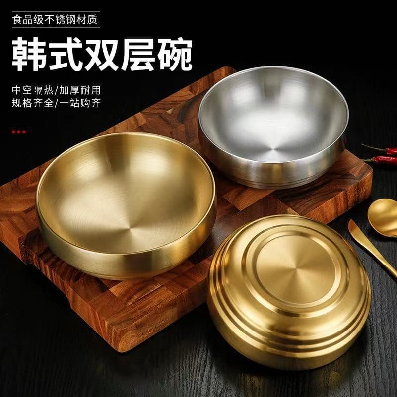 Stainless Steel Cold Noodle Bowl Korean Thickened Double-Layer Bowl Gold Ramen Bowl Bibimbap Bowl Soup Bowl Luosifen Bowl Salad Bowl