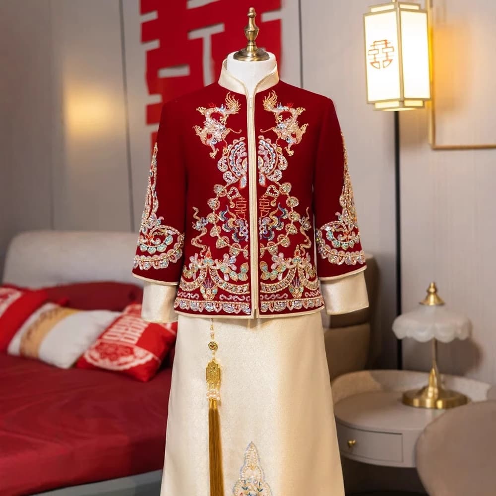 Red Satin Small Double Dragon Men's Xiuhe Suit New Chinese Style Groom Wedding Dress Tang Suit Hanfu Dragon and Phoenix Gown