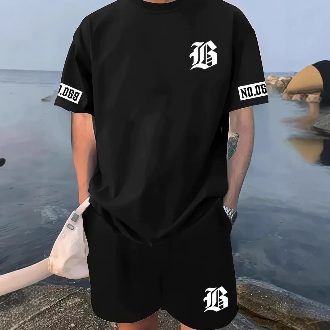 New Fashion Men's Shorts and Short Sleeve T-Shirt Set for Cross-Border EU/US Market, Los Angeles Letter Print Casual Sportswear