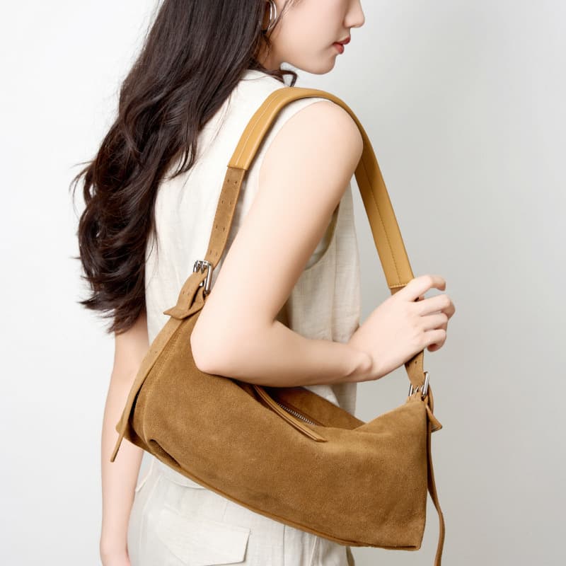 Suede portable light luxury commuter shoulder bag Korean wide shoulder strap cowhide versatile high-end genuine leather crossbody bag for women