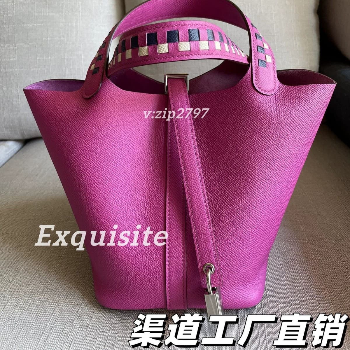 Exquisite Hand-Sewn Picotin Bucket Bag Epsom Leather Magnolia Pink Handbag Women's Bag