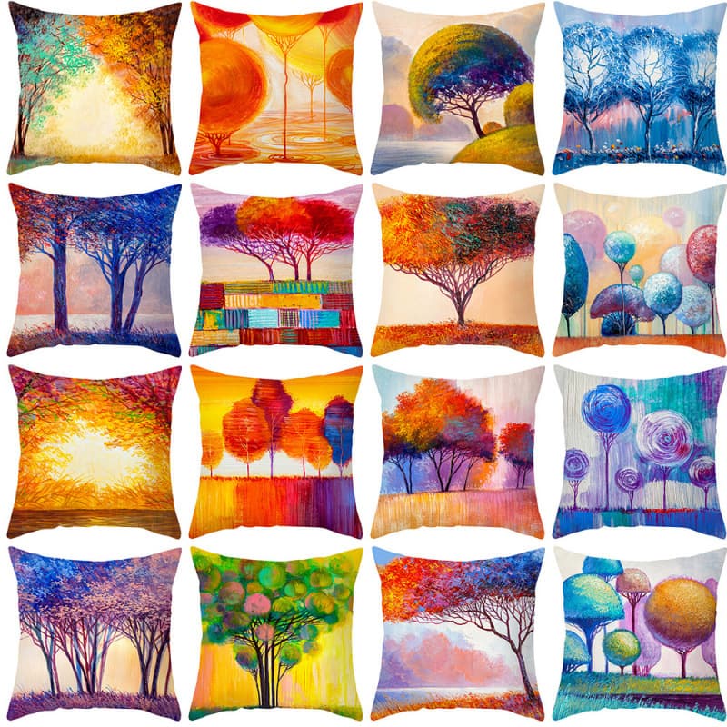 Shopee Cross-border Pillow Cover Oil Painting Tree Series Printed Peach Skin Velvet Pillow Cover for Home Living Room Sofa Cushion Cover