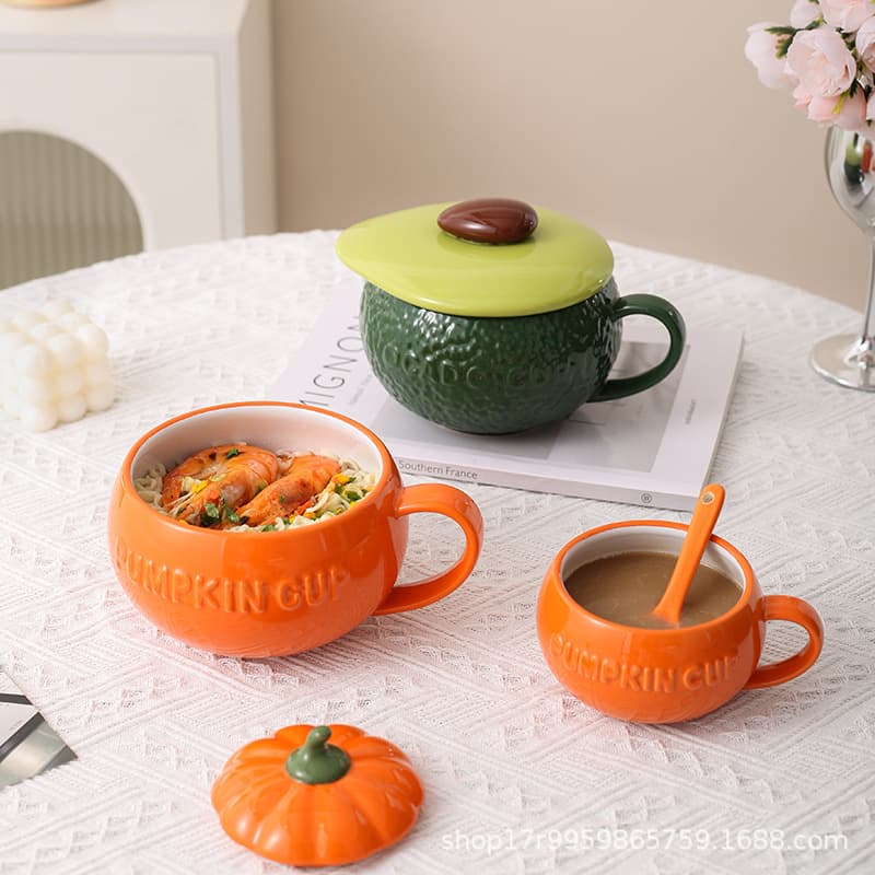 Export Ceramic Pumpkin Cup Water Cup Breakfast Cup with Lid Mug Oatmeal Cup Instant Noodle Bowl Cereal Bowl Steamed Egg Bowl