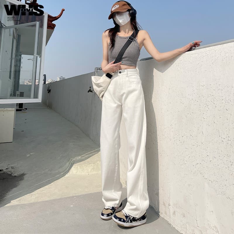 White jeans for women 2026 new high-waisted loose slimming drapey design wide-leg floor-length pants for small people