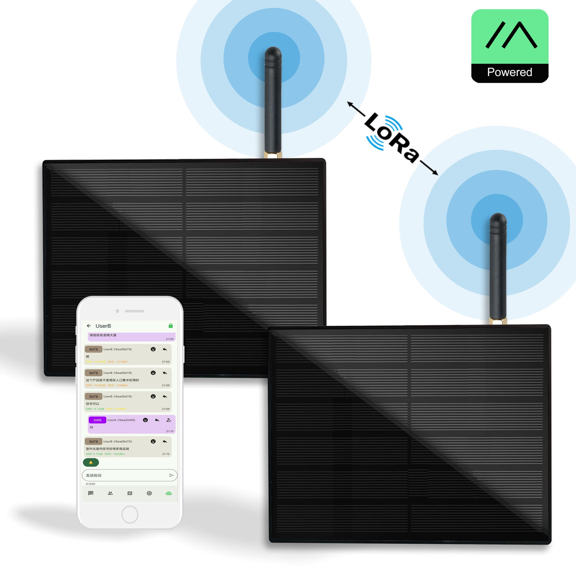 Solar-powered LoRa nodes have a built-in 18650 battery, Bluetooth communication, low power consumption, and support for Meshtastic communication.