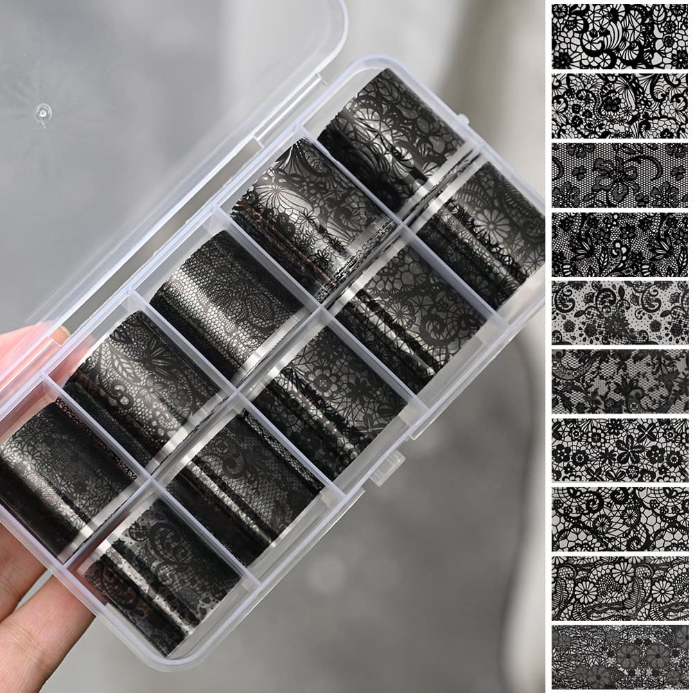 Black and White Lace Pattern Nail Art Transfer Foil 10 Rolls 2.5 x 50cm Hollow Lace Sensual Starry Sky Transfer Stickers