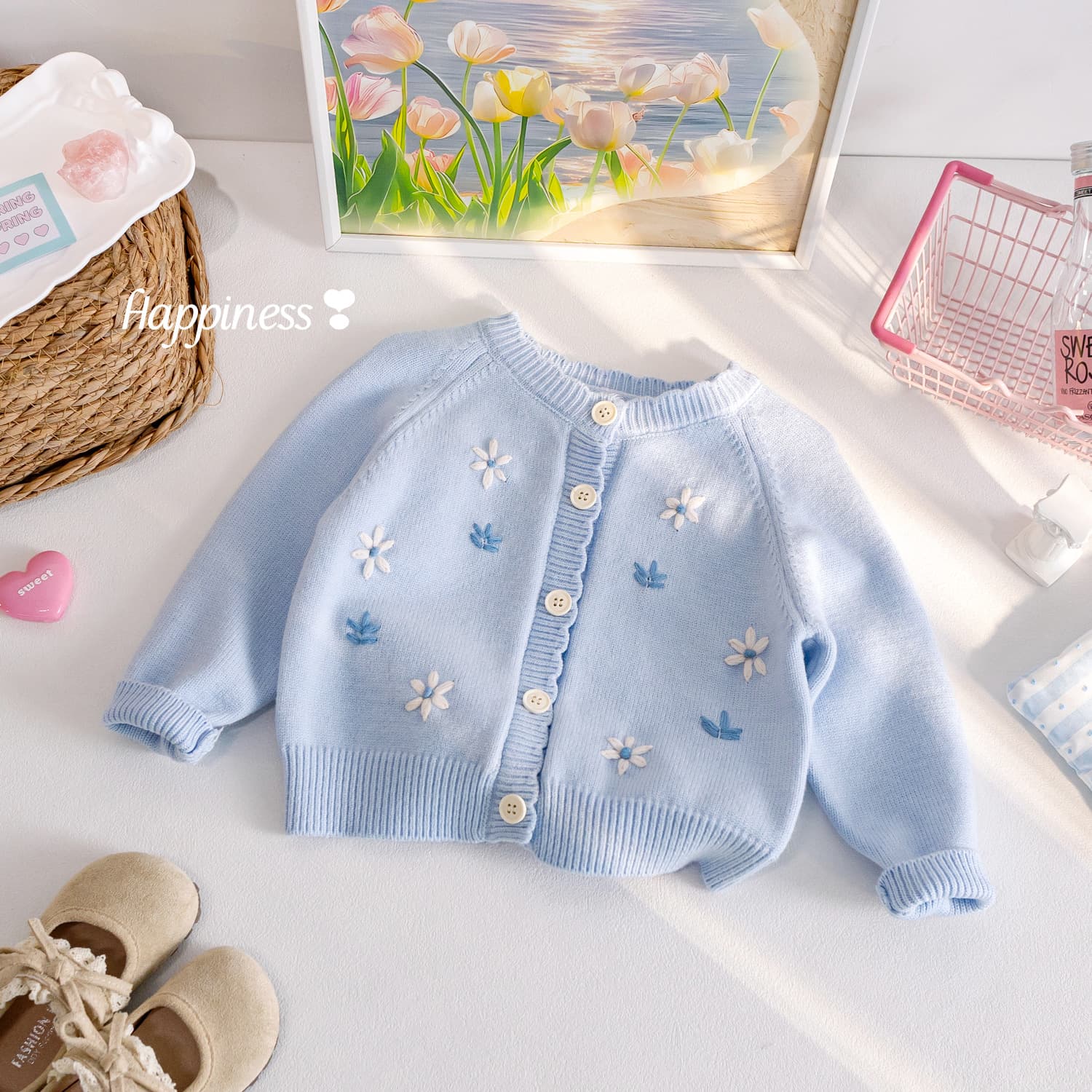 Girls' Autumn Fresh Knit Sweater with Sweet Embroidery and Crochet Flowers, Baby Fall Fashion Versatile Cardigan
