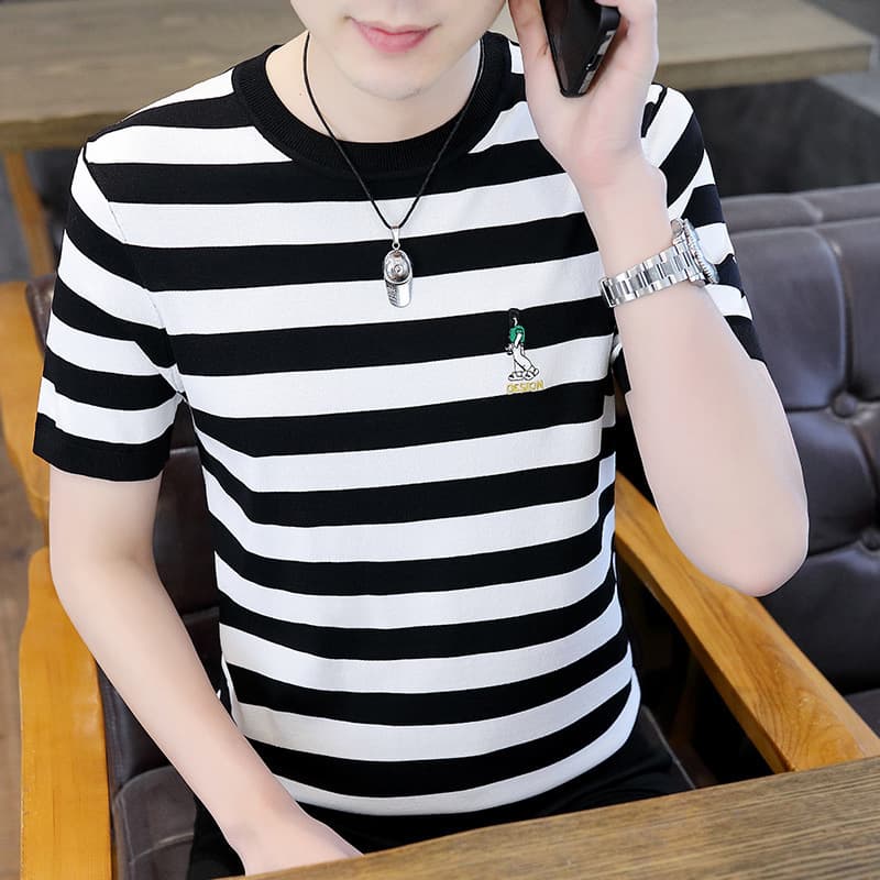 Bor New Men's Elite Knitted High Quality Striped Figure Embroidery Short