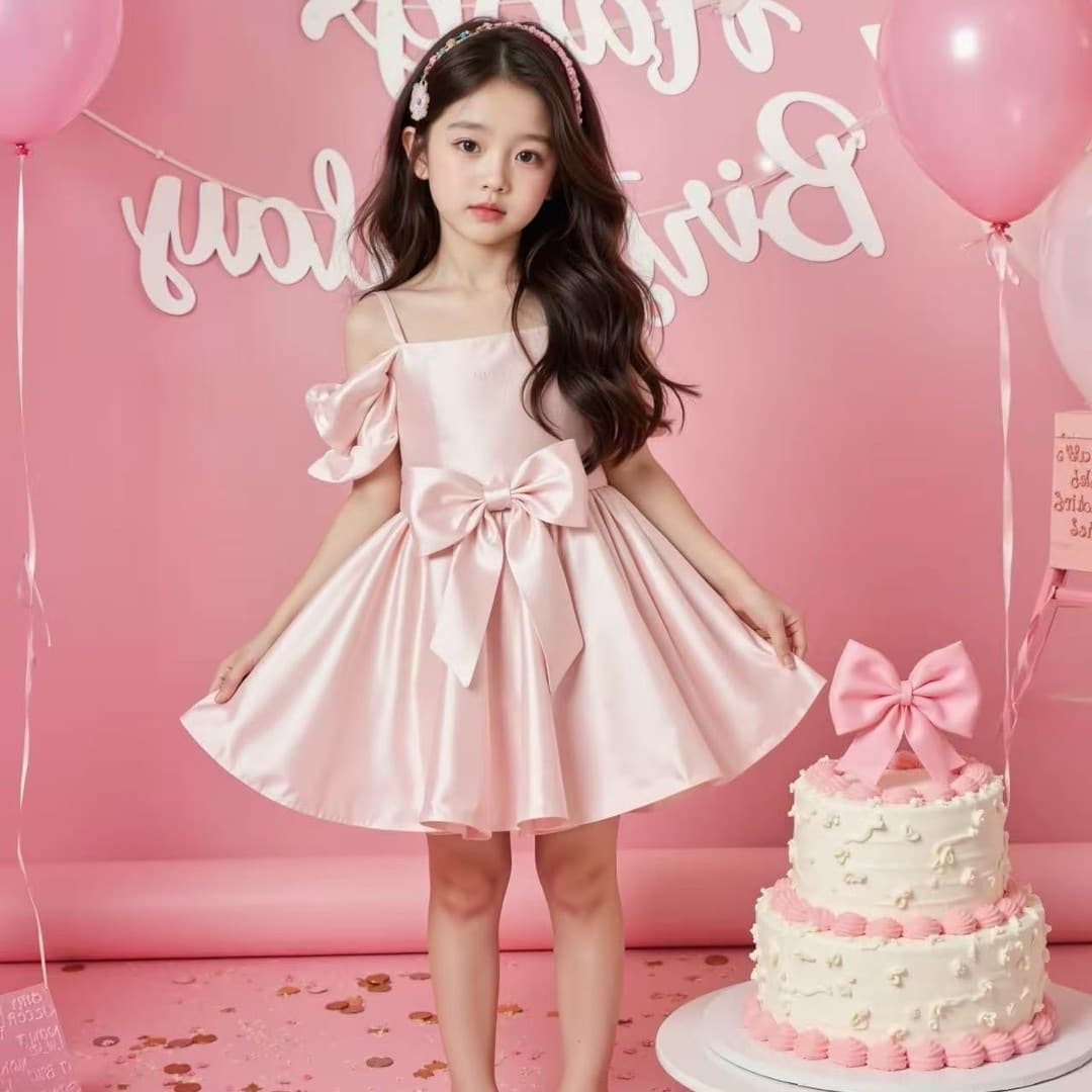 Girls Pink Sweet One-Shoulder Bow Dress Children's Birthday Party Performance Dance Dress