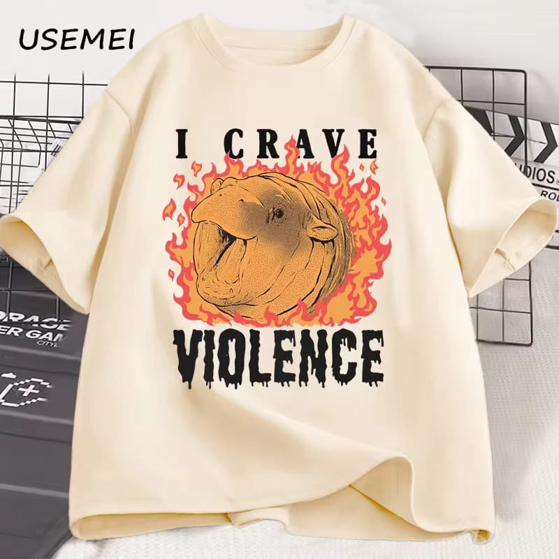 Moo Deng Craves Violence T-Shirt Men Vintage 90s T-Shirt Vintage Hippo Meme T-Shirt Cute Fire Has