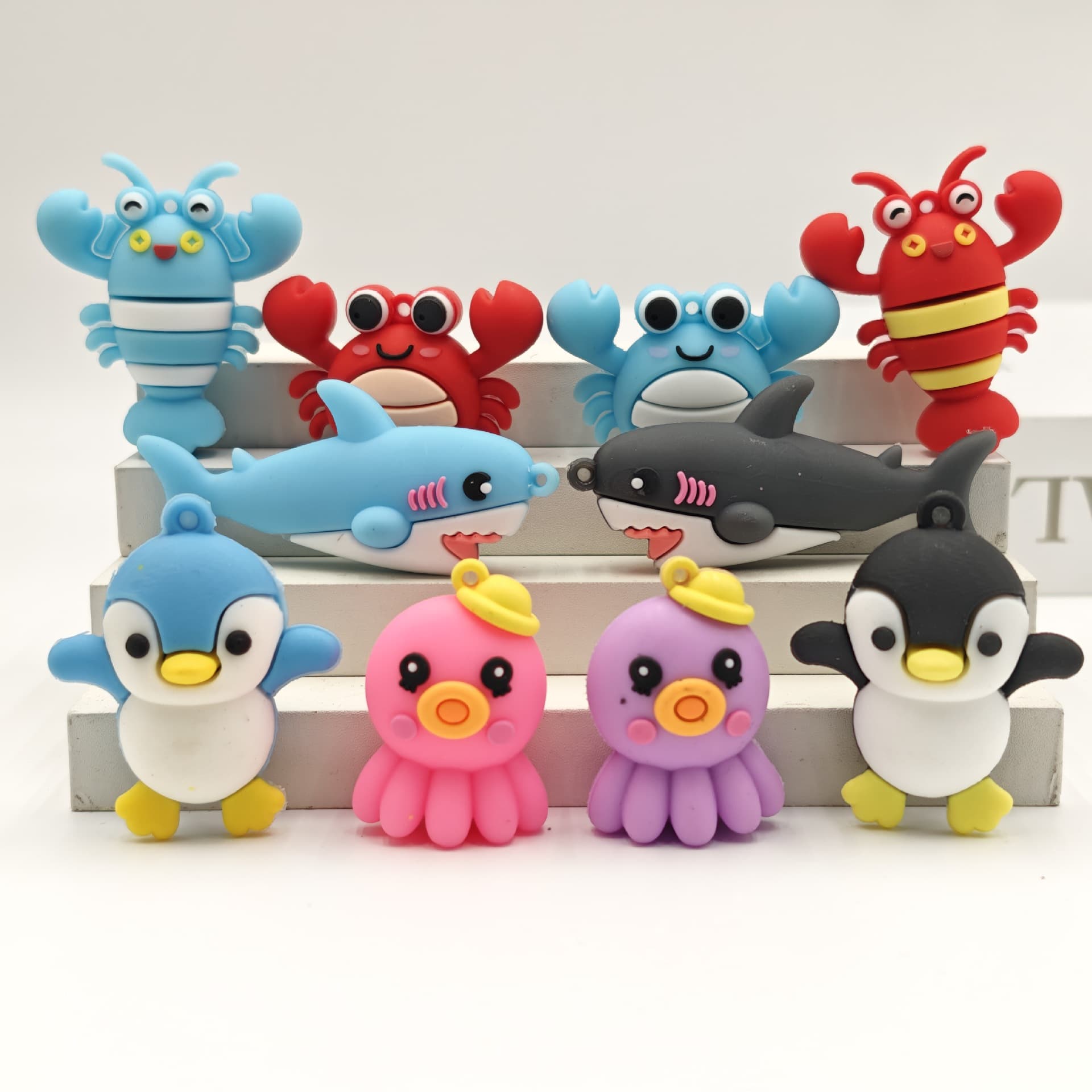 Creative Cute Marine Animals Shark Penguin Lobster Crab Keychain Pendant Soft Rubber Doll Bag Charm