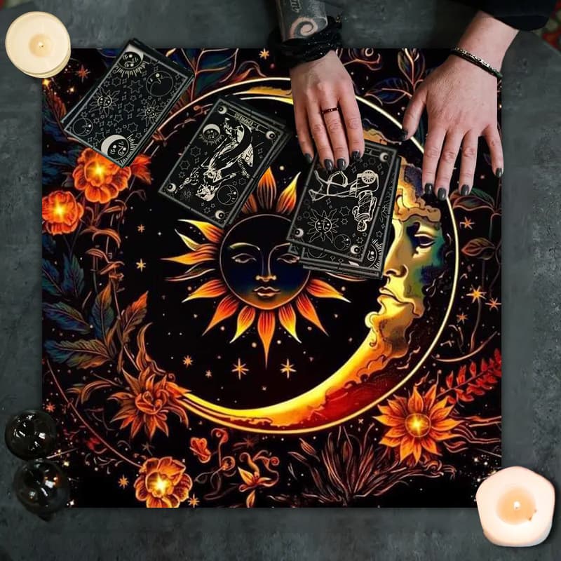 Cross-Border Hot Selling Vintage Flower Sun Moon Altar Cloth Five-Pointed Star Tarot Card Black Oracle Mat Tarot Tablecloth Pad
