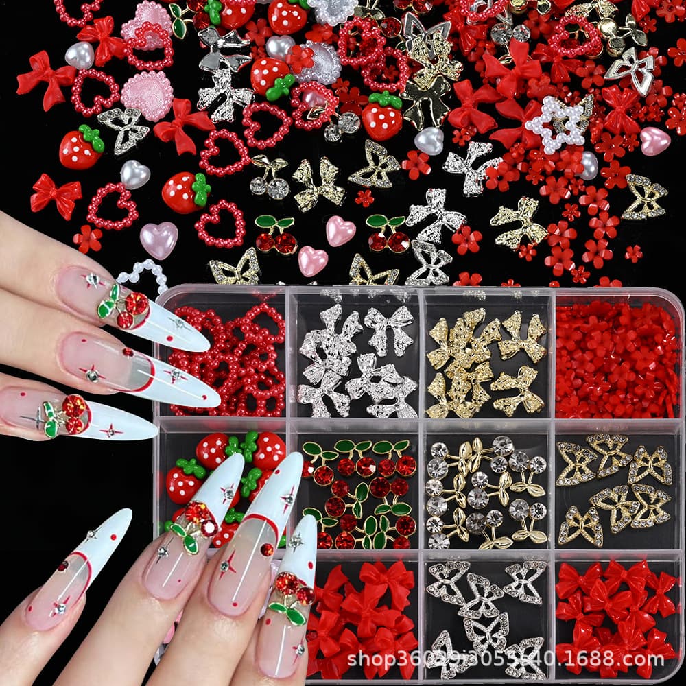 12-Grid Resin Alloy Nail Art Decoration Small Accessories Cherry Strawberry Hollow Butterfly Colorful 3D DIY Small Parts