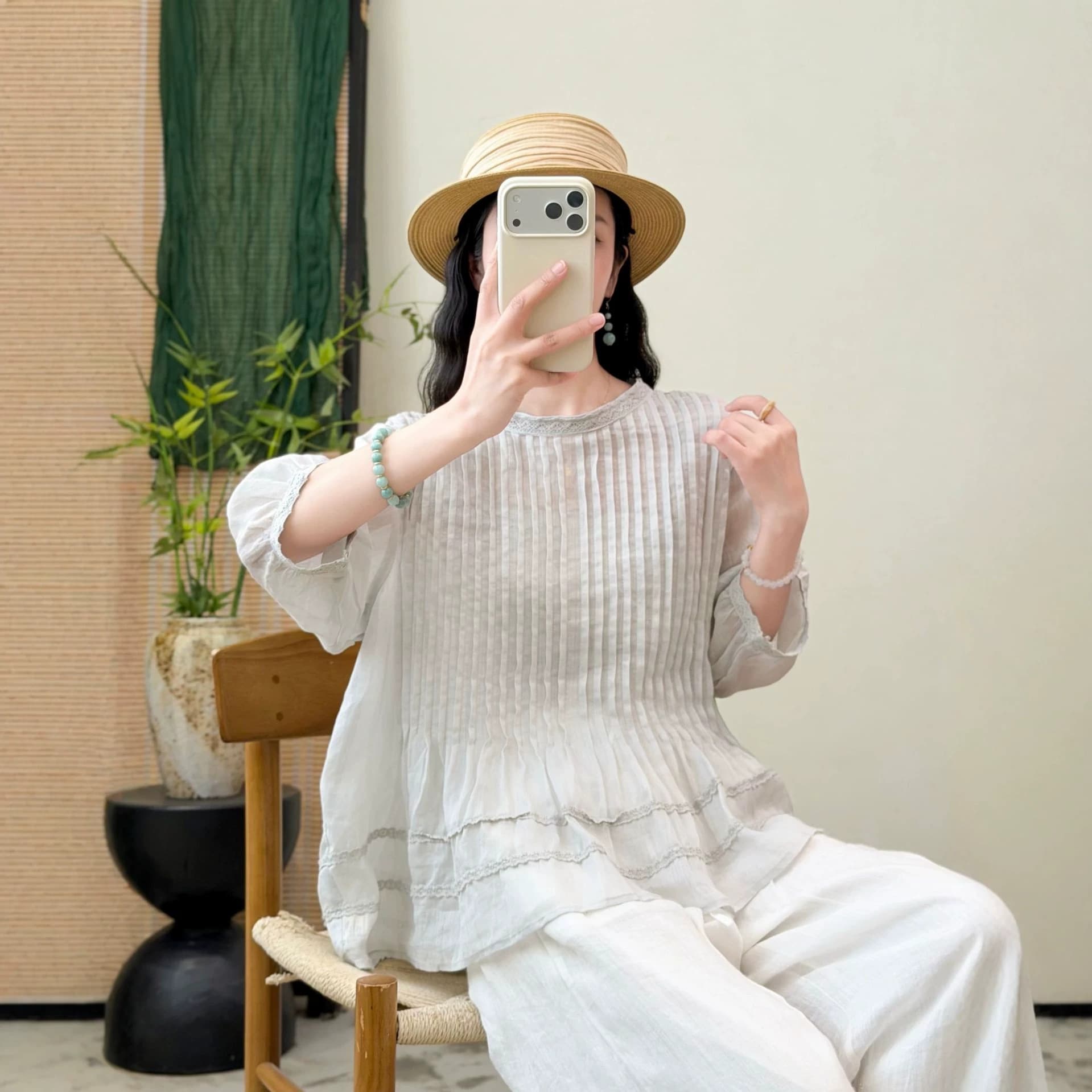 26 summer half-sleeved shirt for women pure ramie accordion pleated lazy accordion pleat shirt top quarter-sleeved shirt