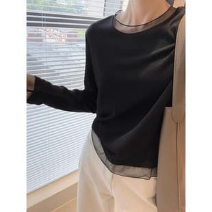 Lace Patchwork Base Layer Top ~ Autumn Winter Gentle Knit Inner Layer, Stretchy Slim Straight Long-Sleeve T-Shirt Wear-Out