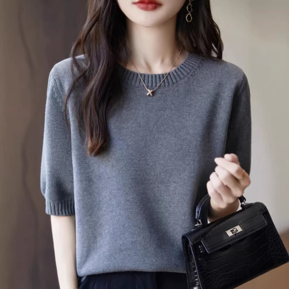 Women's Short-Sleeve Cotton Knit Top 2026 New Thickened Loose Pullover Base Layer Mid-Sleeve Sweater