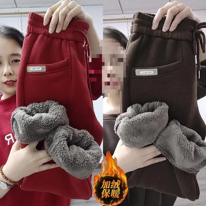Thickened Fleece Women's Pants Warm Sporty Casual Harlan Trousers Slimming Autumn Winter Polyester Fiber Long Straight Leg Trousers