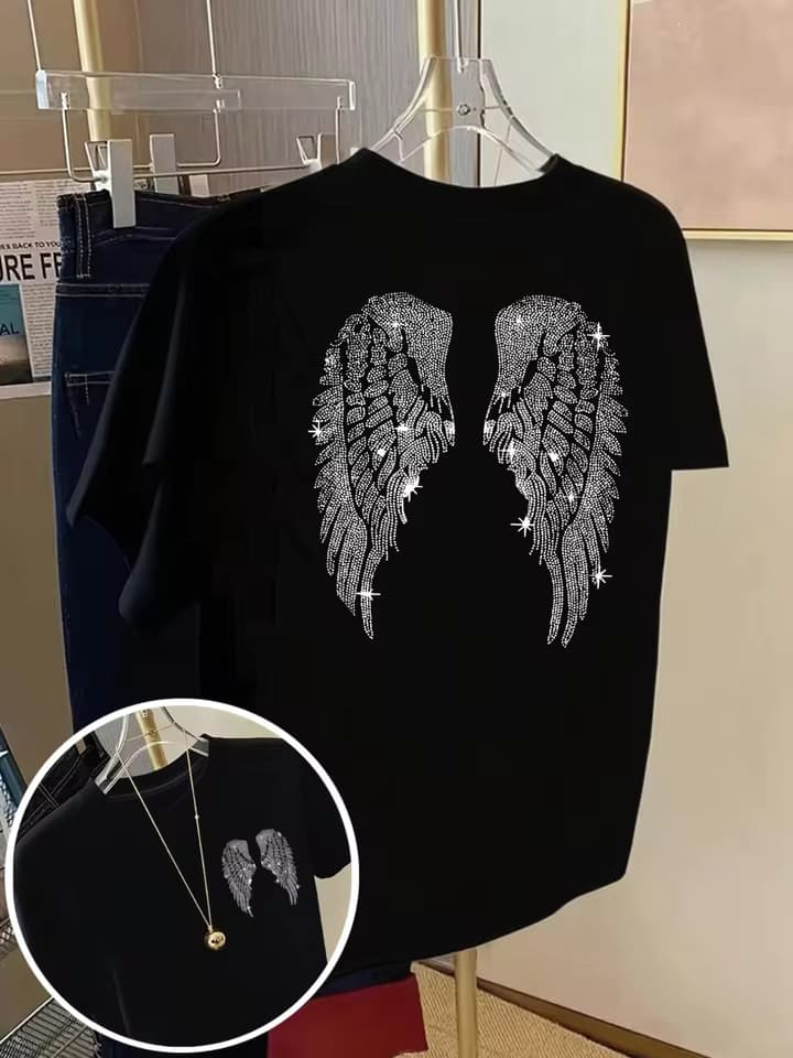 Cross-Border European Size Fashionable Casual Top Angel Wings T-Shirt - Sparkling Printed Short-Sleeve Style