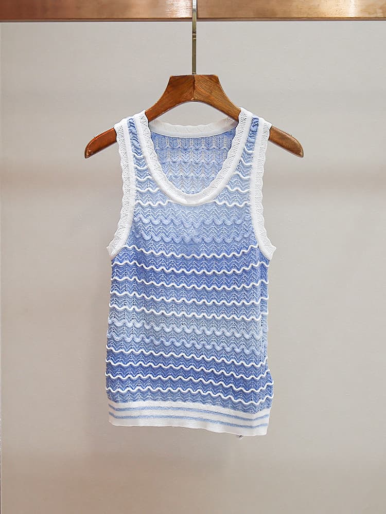 Shenzhen Nanyou High-End Women's Clothing Summer New Age-Reducing Wavy Striped Lace Round Neck Vest Knit Top for Women