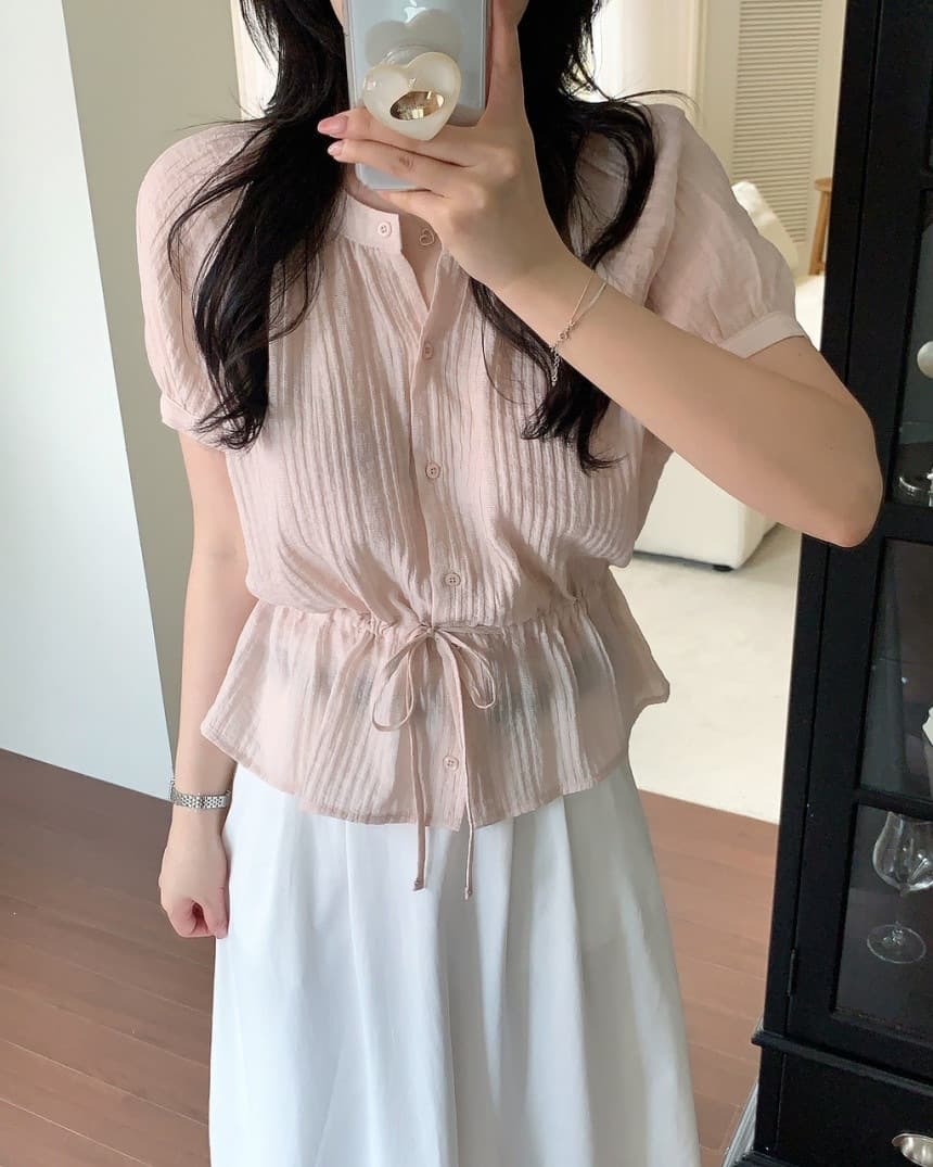 Korean Chic 2026 Summer New Korean Soft Style Ribbed Round Neck Drawstring Waist Niche Blouse for Women