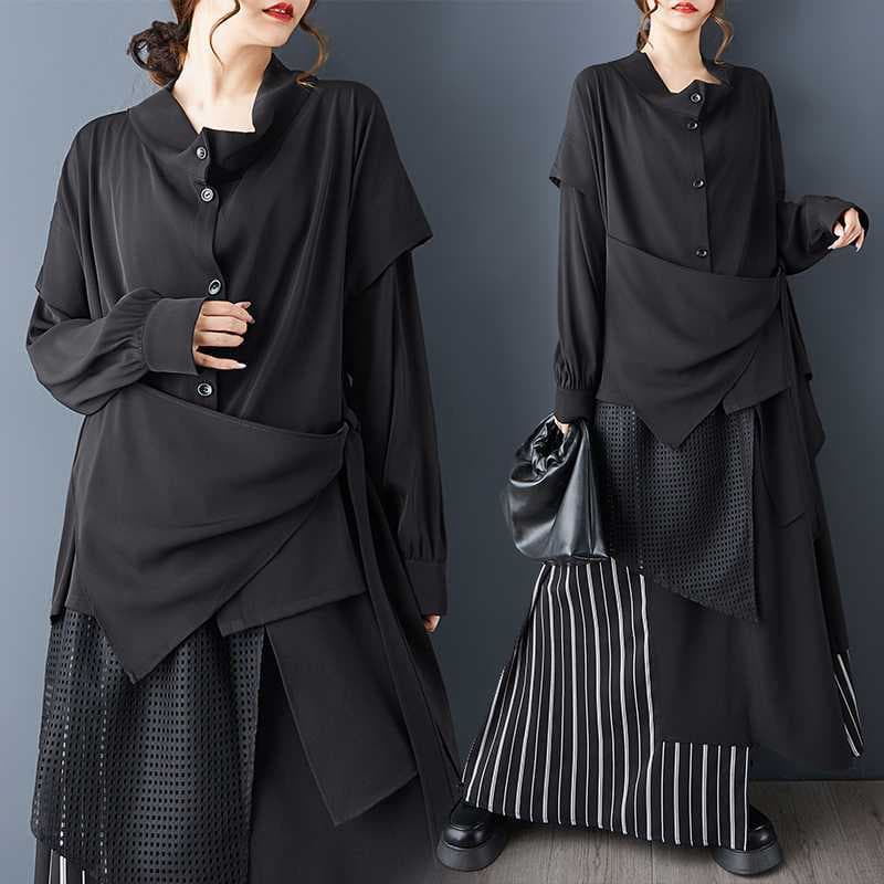 Real Shot Autumn New Arrival Dark Style Lace-Up Top Shirt Versatile Asymmetric Fake Two-Piece Slimming Shirt + Skirt