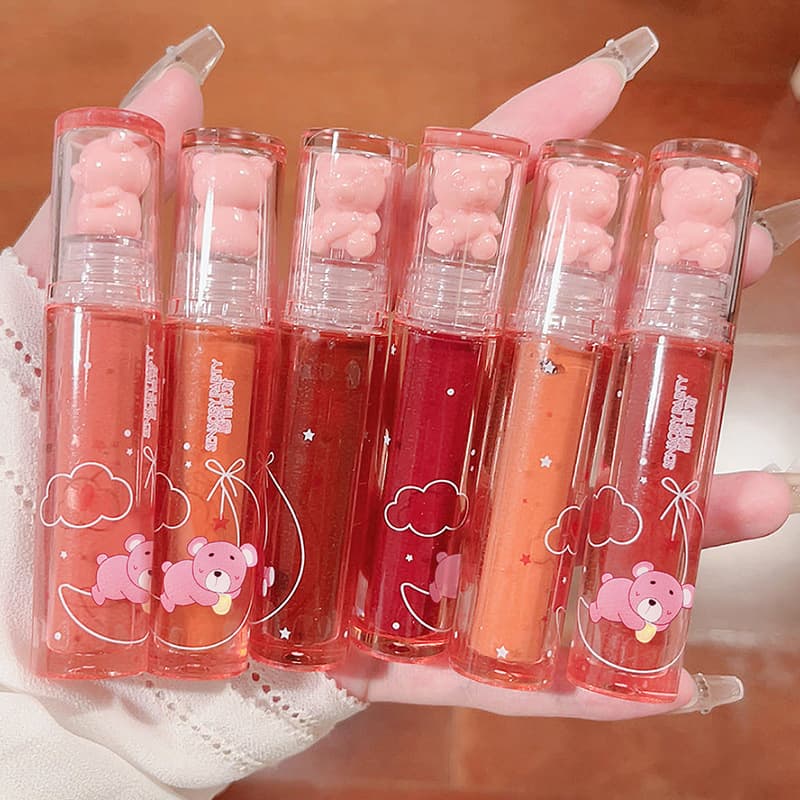 Cross-border e-commerce ~ Little Bear Crystal Strawberry Water Gloss Lip Glaze, Mirror Finish, Brightens Skin, Versatile, Plump Lips, Mirror Lipstick, Affordable Wholesale