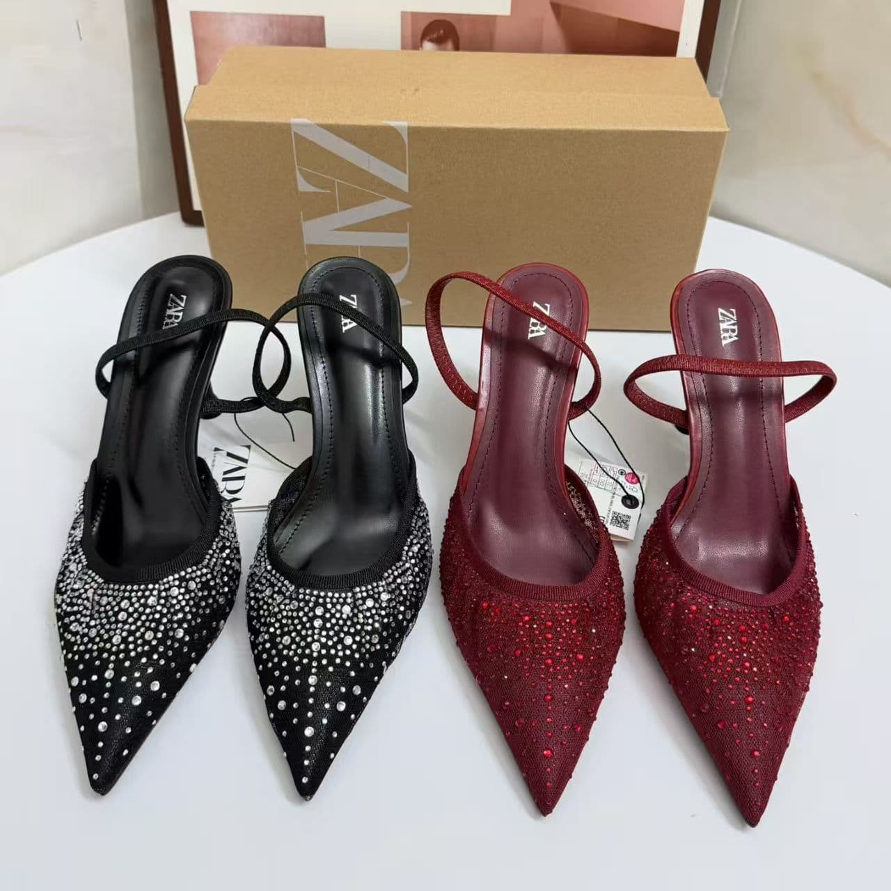ZA spring 2026 new women's shoes bright mesh fashionable temperament slingback Mule high heels full of diamonds and versatile new style